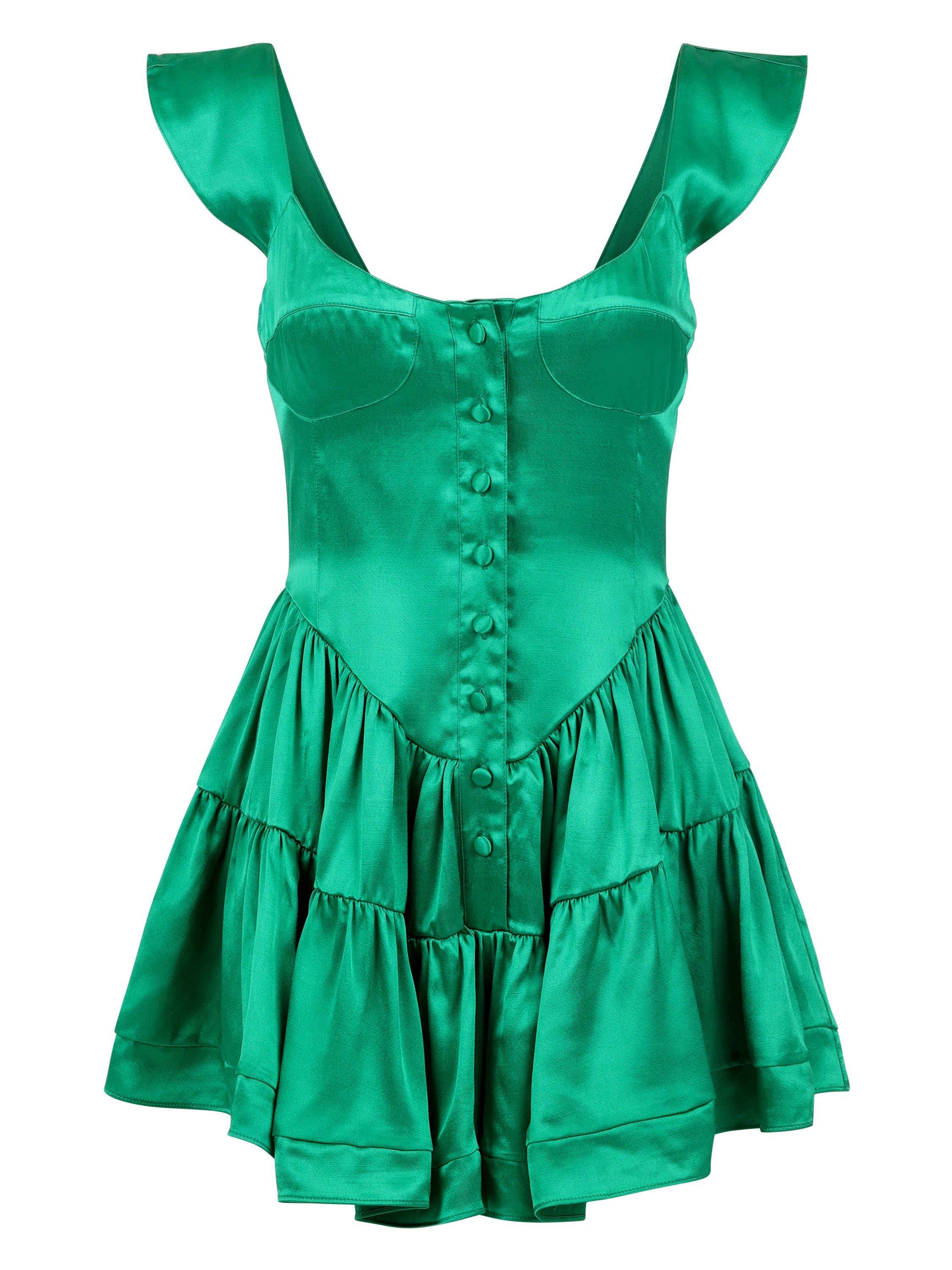 SAMPLE: The Elisabeth Romper Dress - Emerald Satin sold by Vanessa Mooney product image thumbnail 2