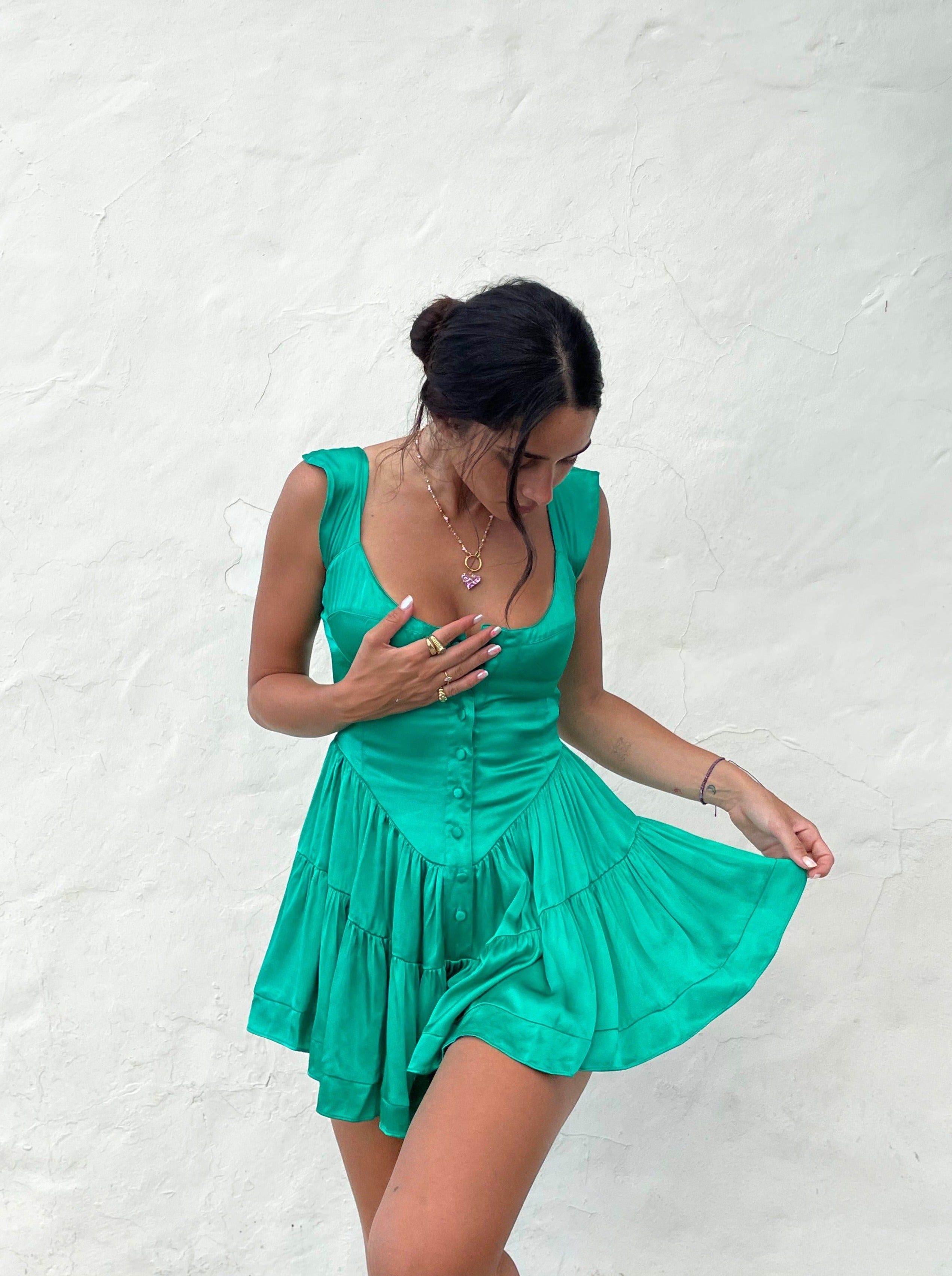 SAMPLE: The Elisabeth Romper Dress - Emerald Satin sold by Vanessa Mooney