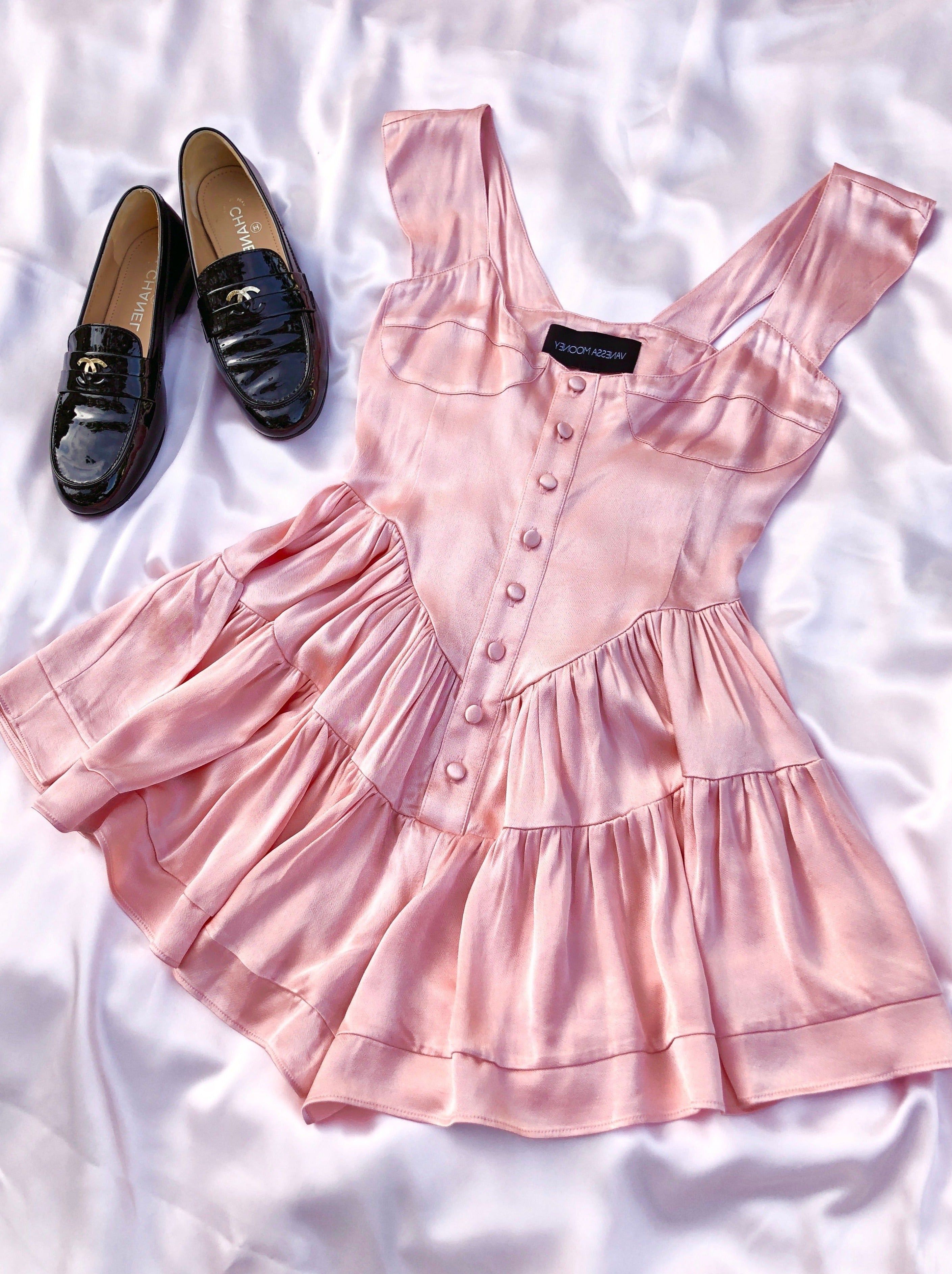 SAMPLE: The Elisabeth Romper Dress - Baby Pink Satin sold by Vanessa Mooney product image thumbnail 2