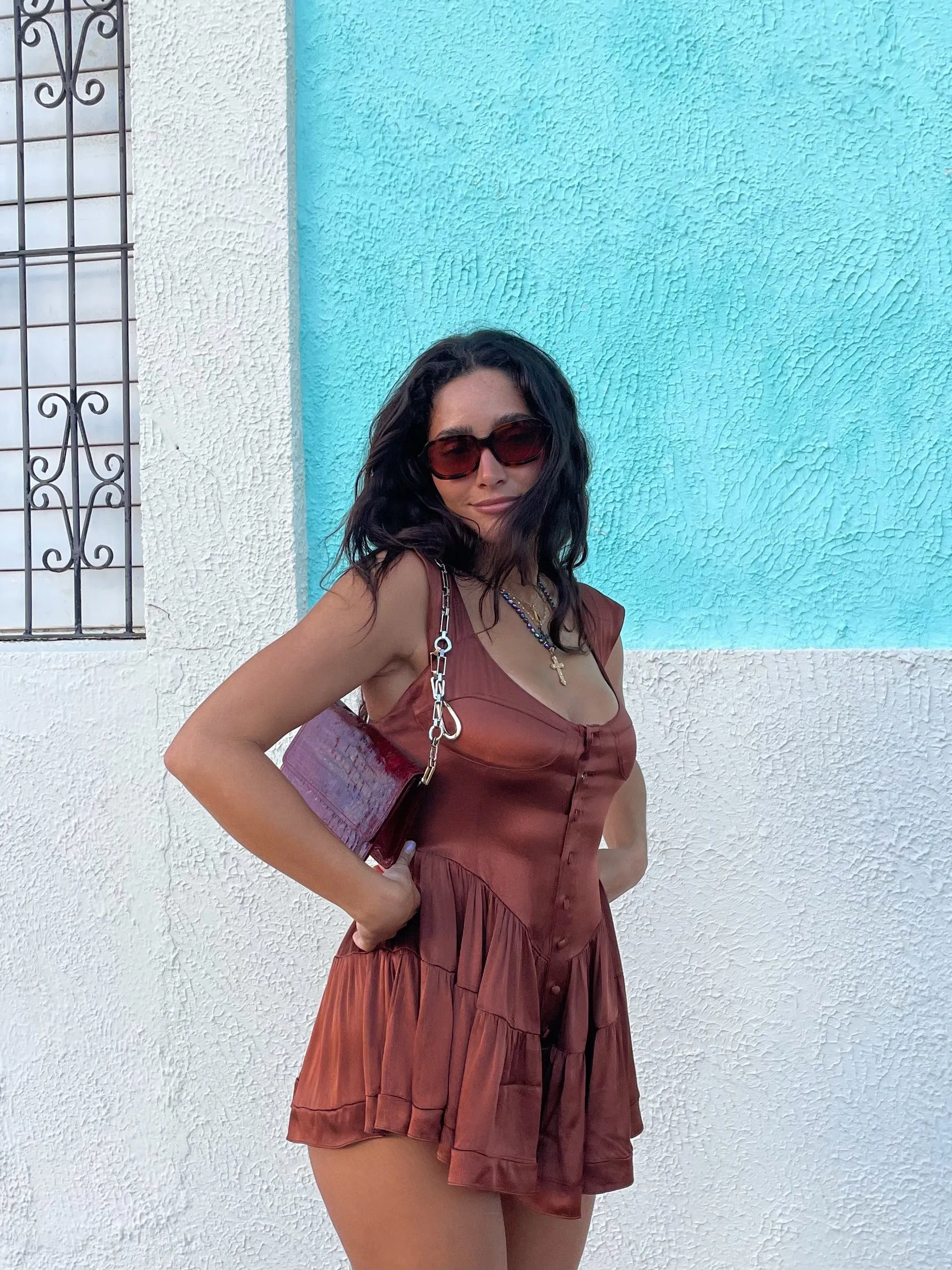 The Elisabeth Romper Dress - Chocolate Satin sold by Vanessa Mooney product image thumbnail 3