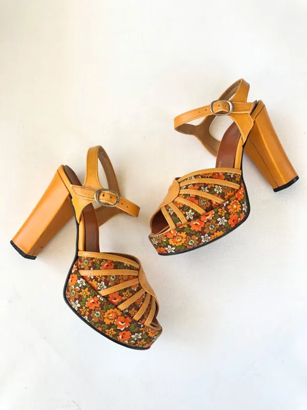 VINTAGE: Leather Platform Sandals - Orange Floral sold by Vanessa Mooney