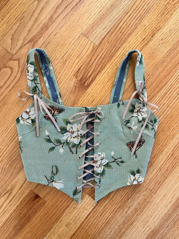 VINTAGE: Green Floral Corset Top sold by Vanessa Mooney