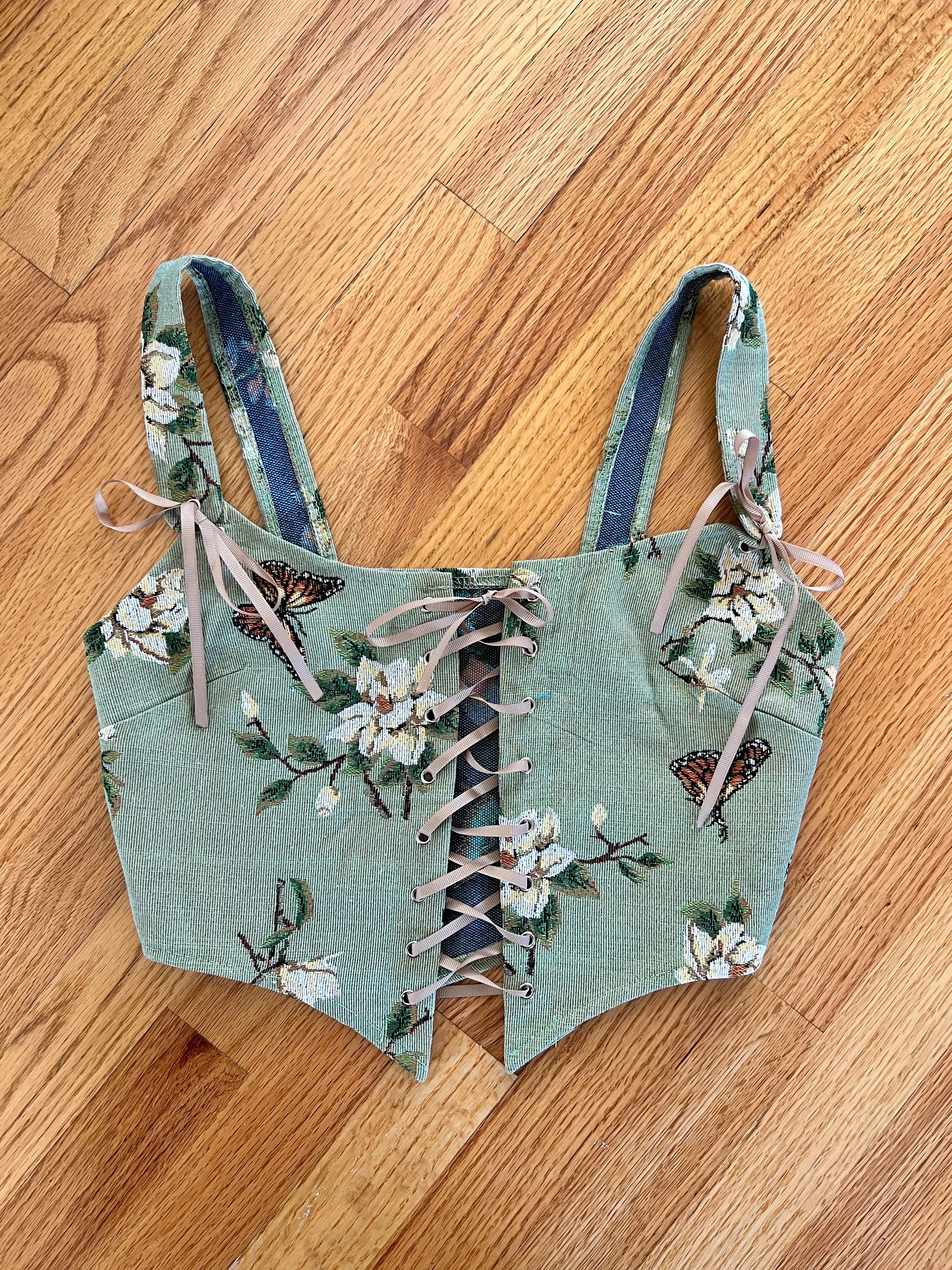 VINTAGE: Green Floral Corset Top sold by Vanessa Mooney