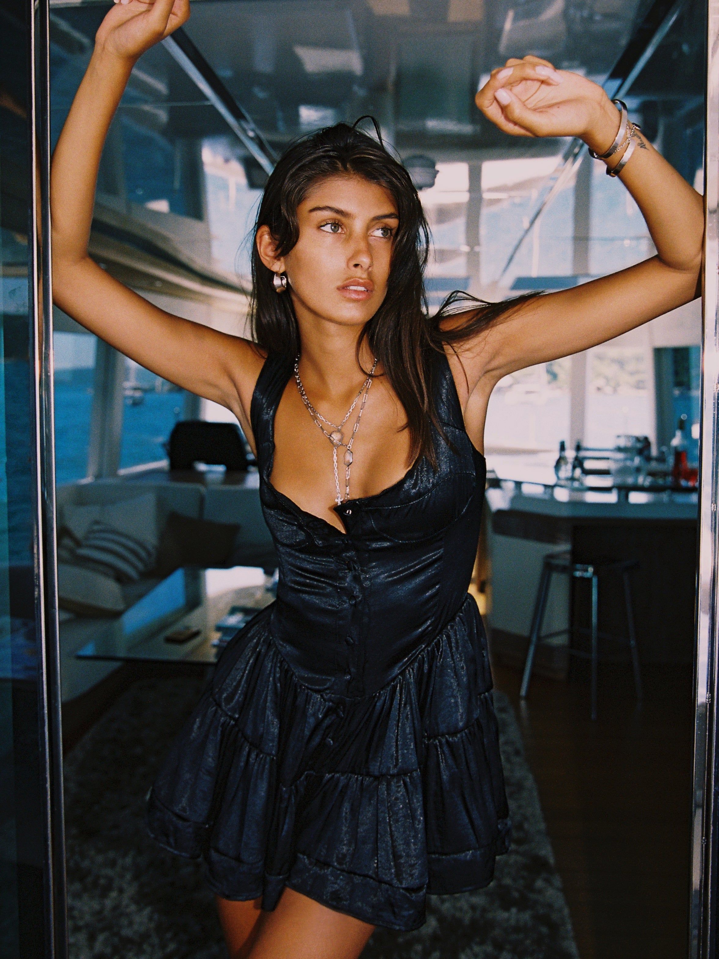 SAMPLE: The Elisabeth Romper Dress - Black Satin sold by Vanessa Mooney product image thumbnail 2