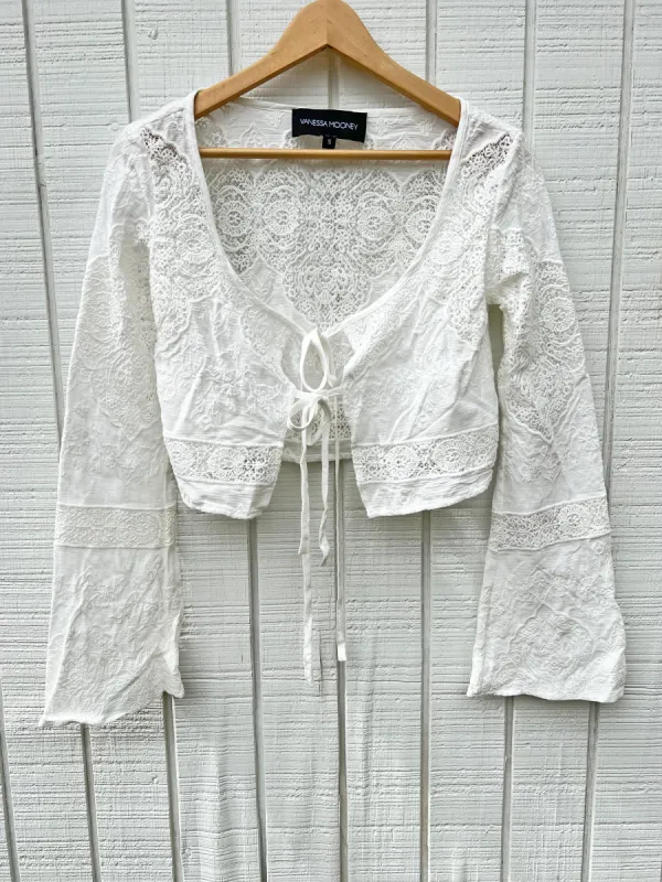 SAMPLE:  White Lace-Up Bell Sleeve Crop Top sold by Vanessa Mooney