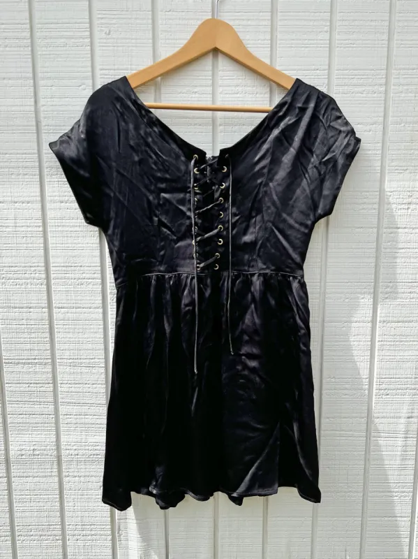 SAMPLE:  Black Satin Lace-Up Mini Dress sold by Vanessa Mooney