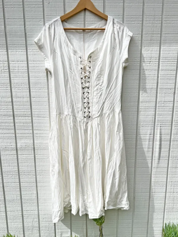 SAMPLE:  White Rayon Lace-Up Midi Dress sold by Vanessa Mooney