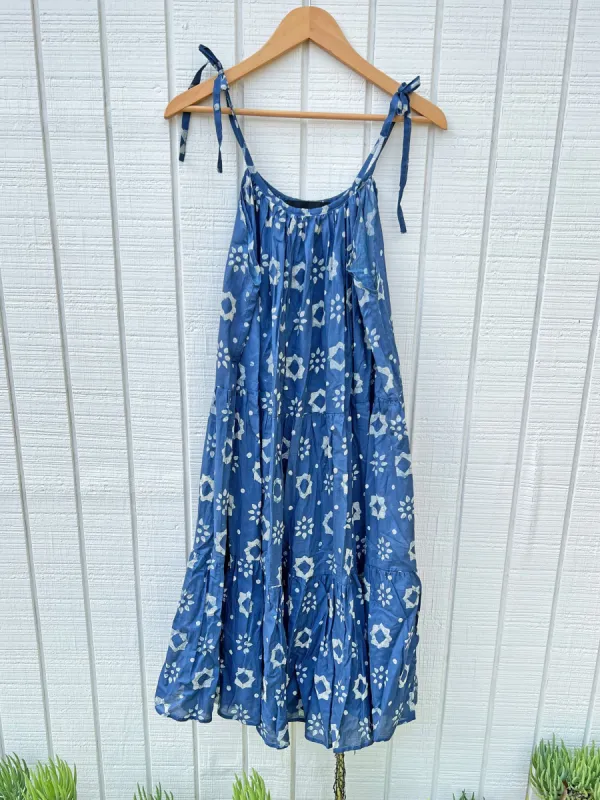 SAMPLE: Flowy Cotton Mini Dress Indigo Flower sold by Vanessa Mooney