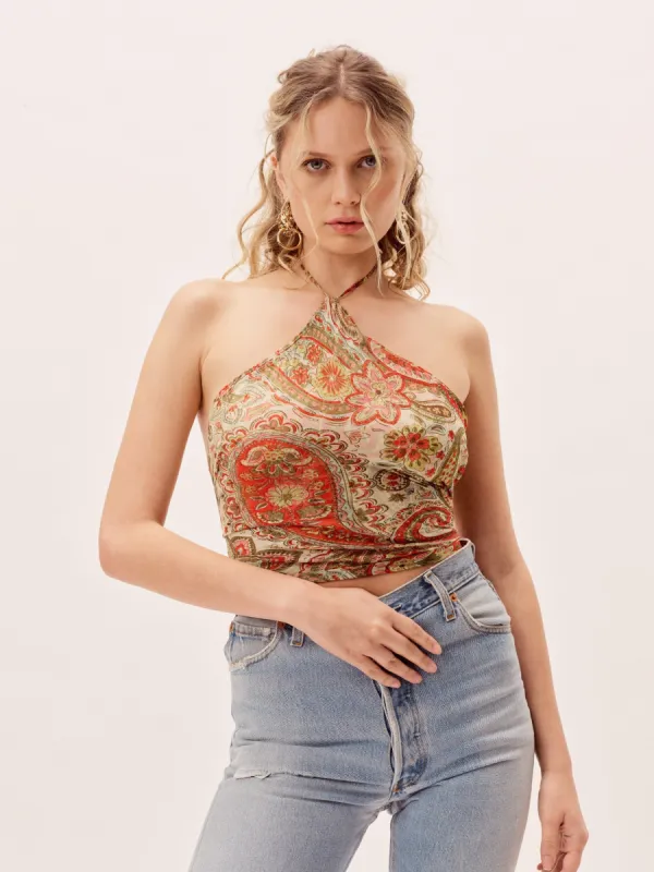 The Elle Top - Orange Paisley sold by Vanessa Mooney