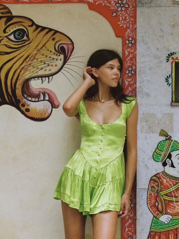 The Elisabeth Romper Dress - Green Satin sold by Vanessa Mooney