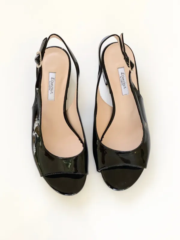 SAMPLE:  Black Patent Leather Sandals sold by Vanessa Mooney