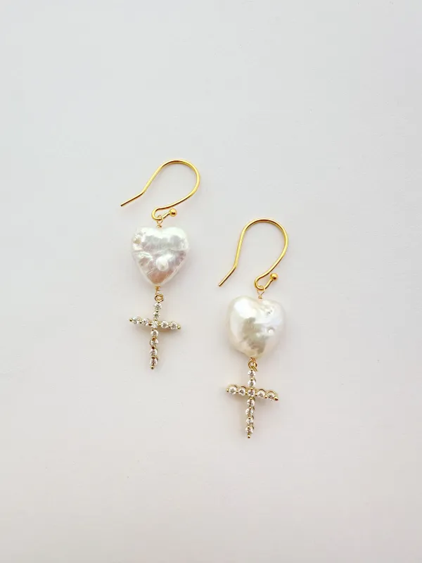 The Heart Pearl & Cross Earrings sold by Vanessa Mooney