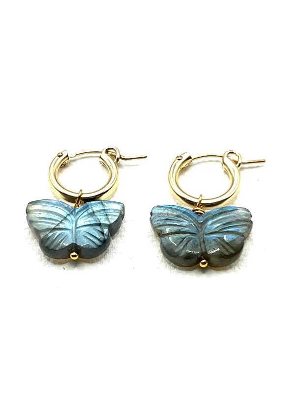 The Labradorite Stone Butterfly Hoops made by Vanessa Mooney