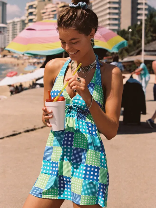 The Sophia Halter Dress - Blue Patchwork sold by Vanessa Mooney