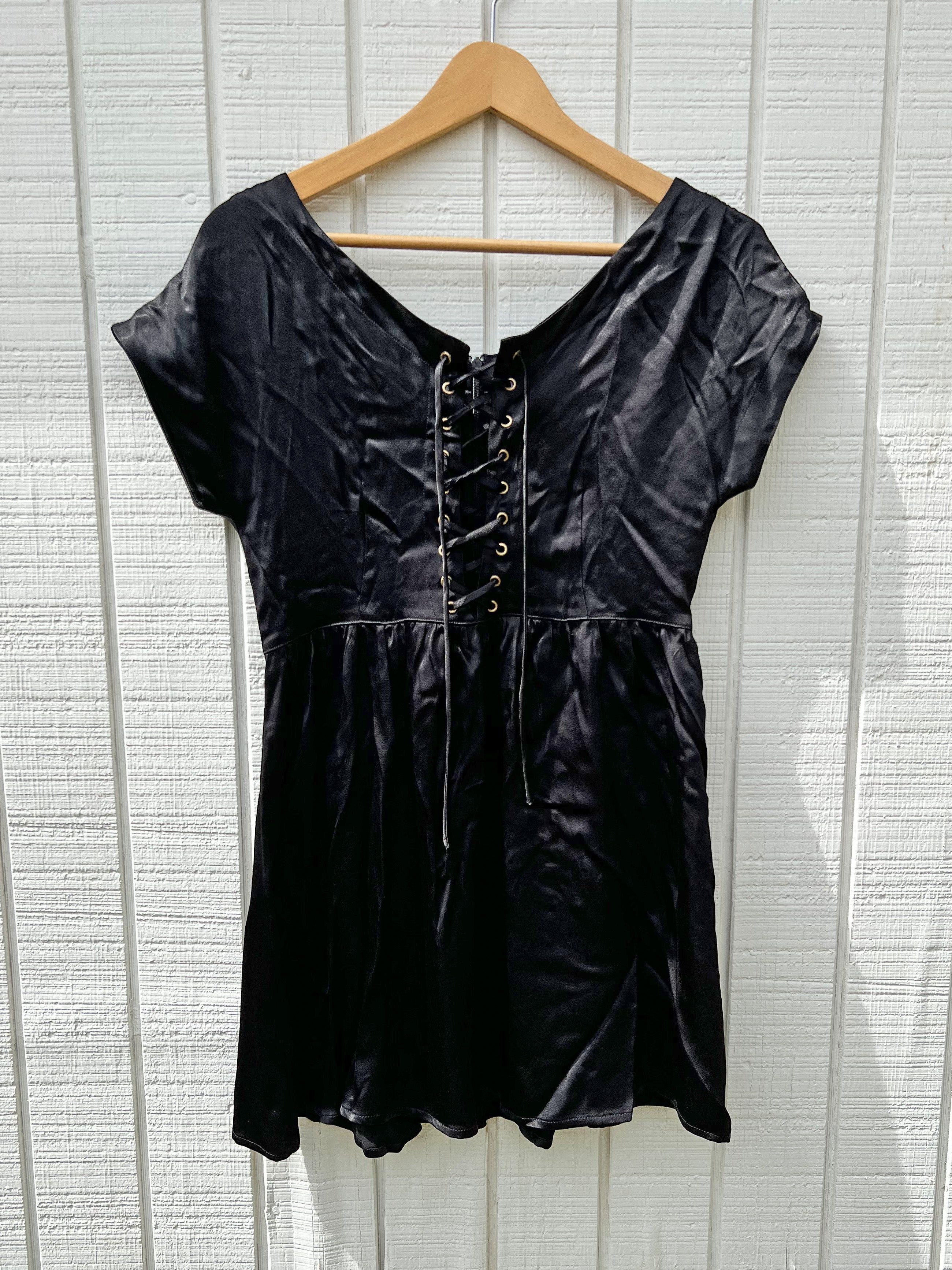 SAMPLE: Black Satin Lace-Up Mini Dress sold by Vanessa Mooney