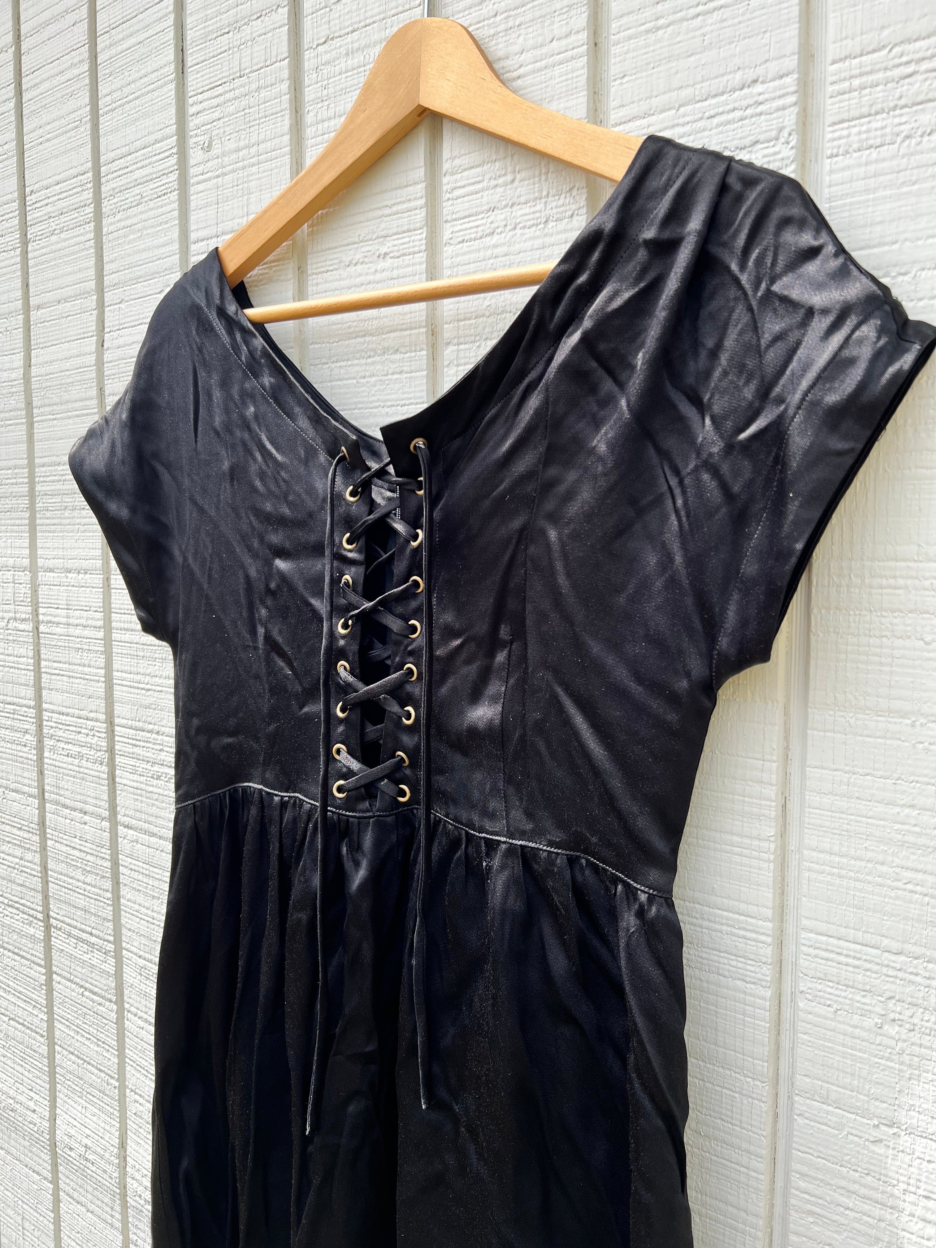 SAMPLE: Black Satin Lace-Up Mini Dress sold by Vanessa Mooney product image thumbnail 2