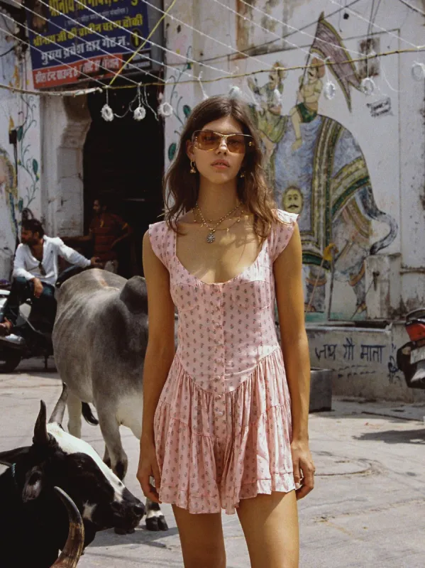 SAMPLE: The Elisabeth Romper Dress - Pink Flower Print sold by Vanessa Mooney