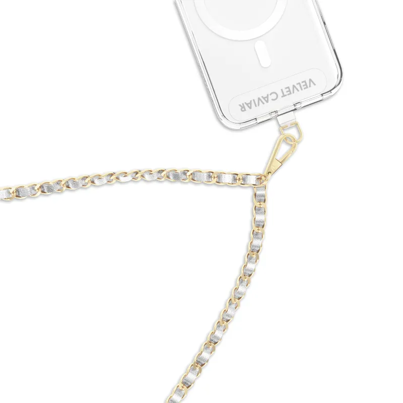 Silver Leather Chain Phone Crossbody Strap sold by Velvet Caviar