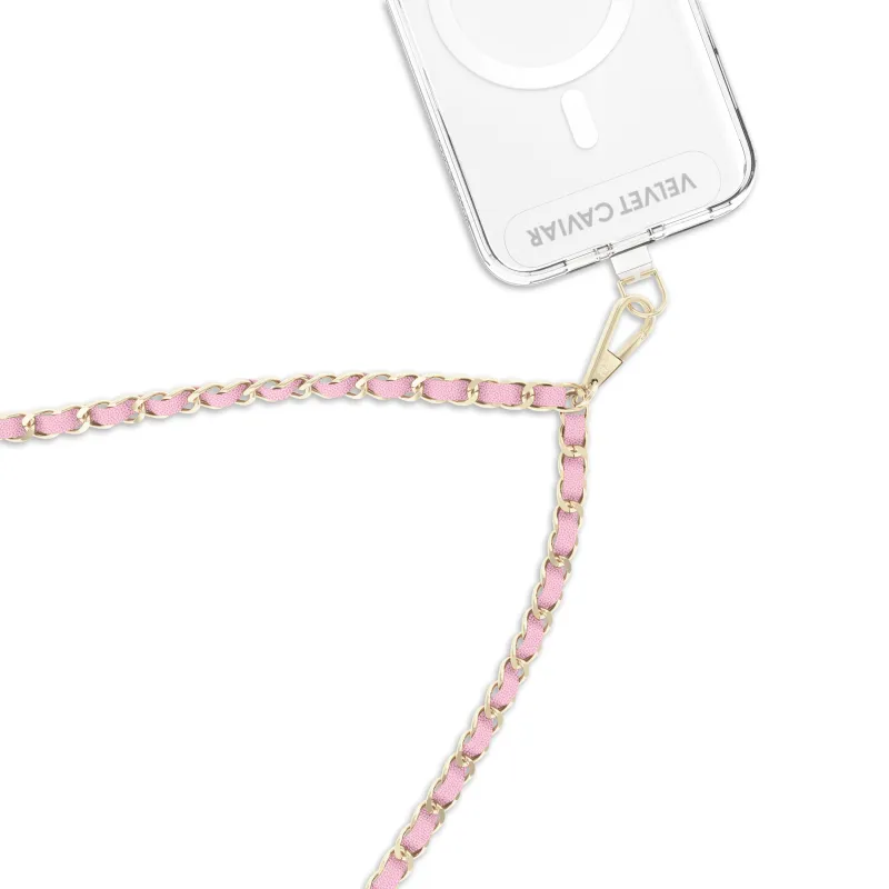 Pink Leather Chain Phone Crossbody Strap sold by Velvet Caviar