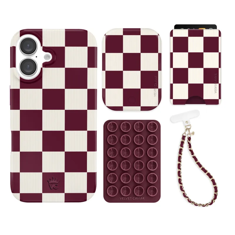 Burgundy Vibe Checkered iPhone Bundle Set - Wallet sold by Velvet Caviar