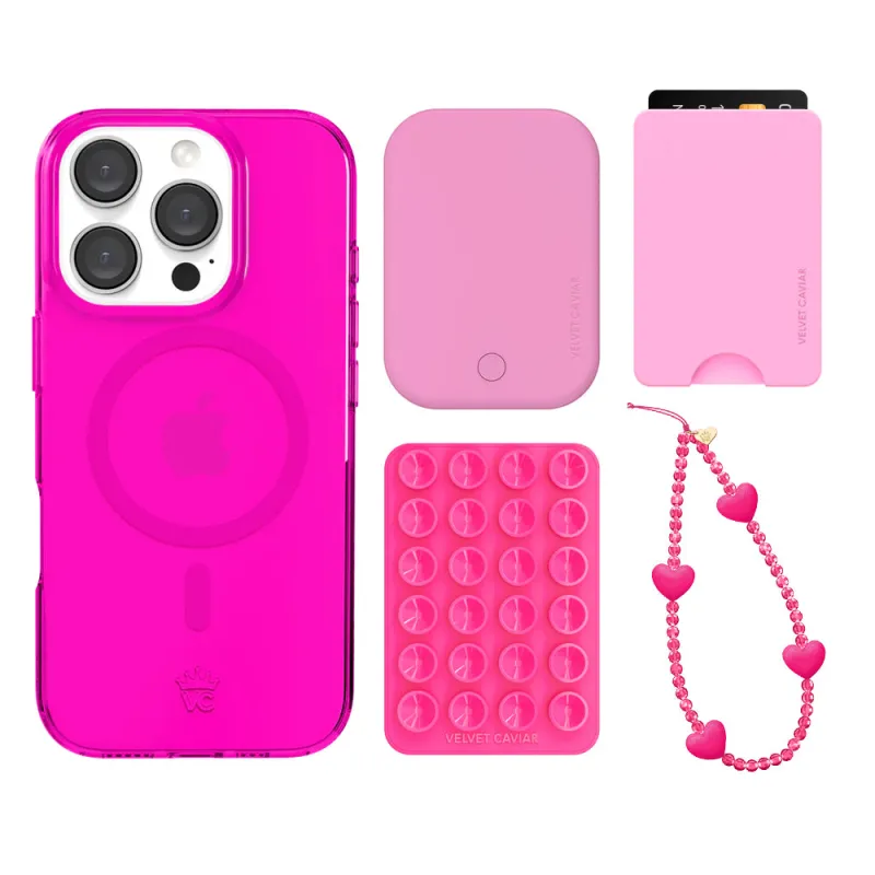 Neon Pink Clear iPhone Bundle Set - Wallet sold by Velvet Caviar