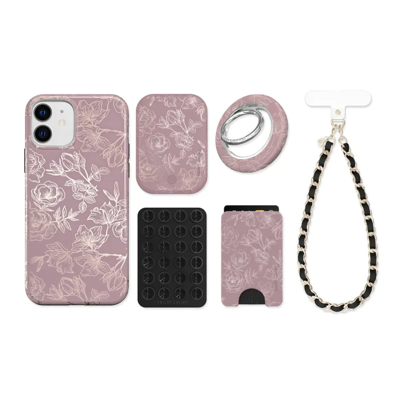 Dusty Rose Chrome Floral iPhone Bundle Set sold by Velvet Caviar