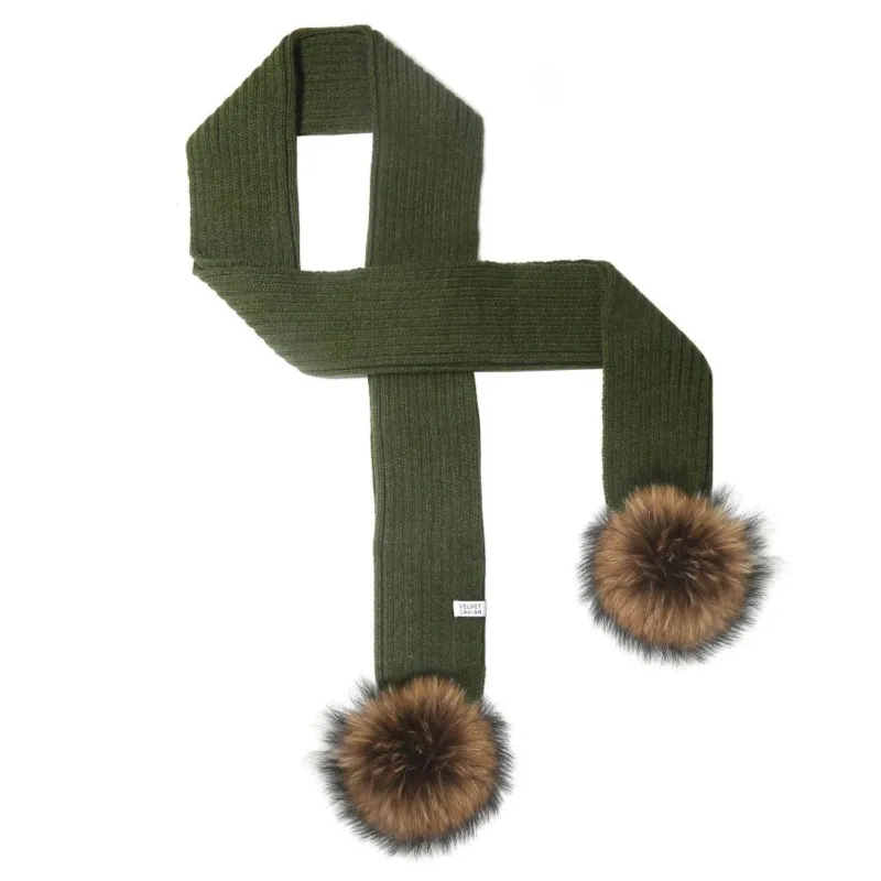 LUX FUR POM SCARF OLIVE WITH BLACK FUR sold by Velvet Caviar