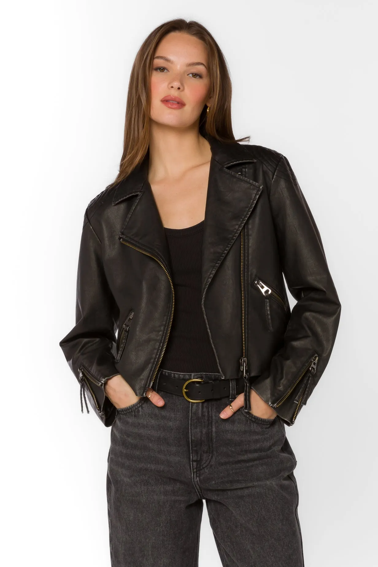 Kenwood Distressed Black Vegan Leather Jacket sold by Velvet Heart