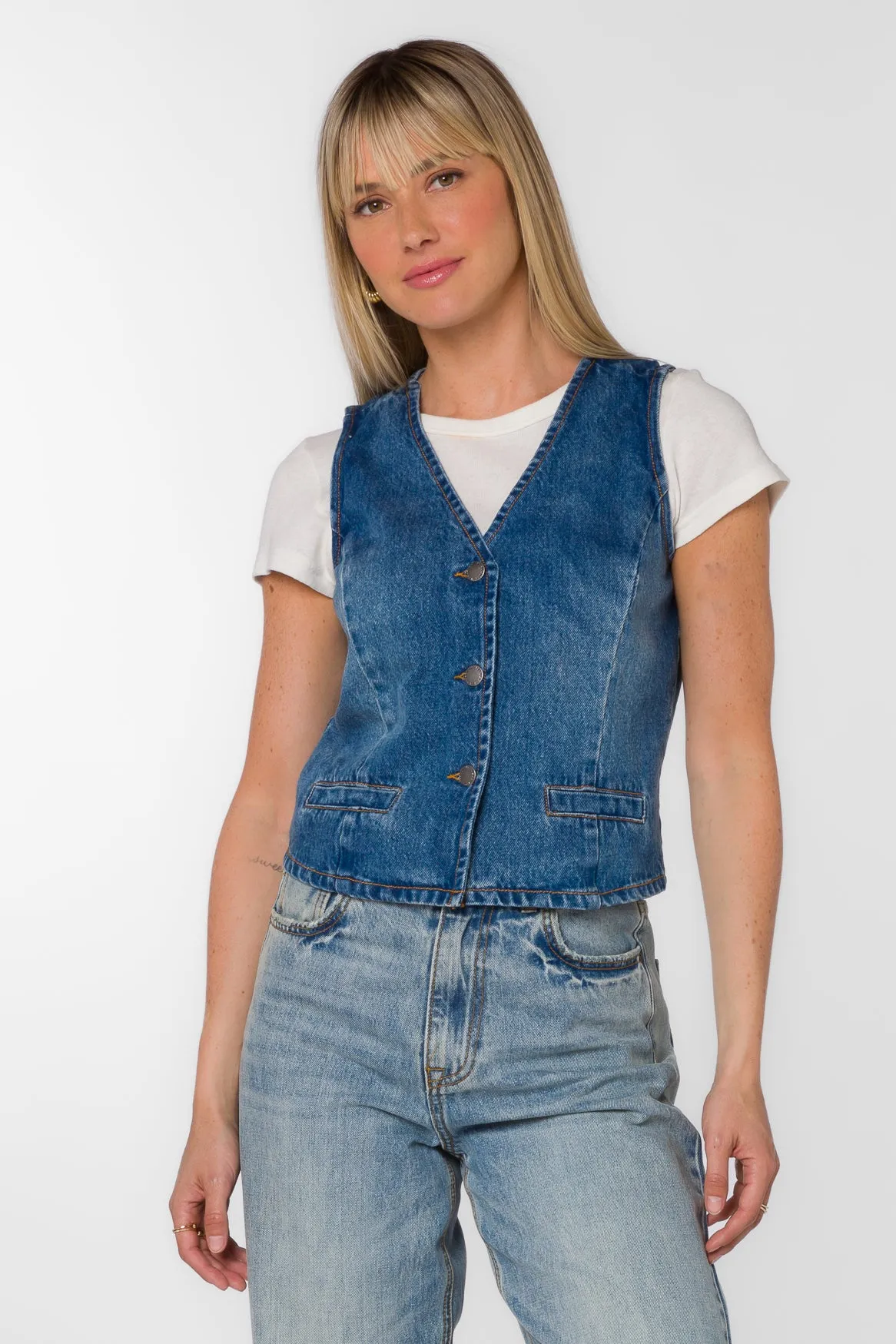 Dellis Evian Blue Vest sold by Velvet Heart