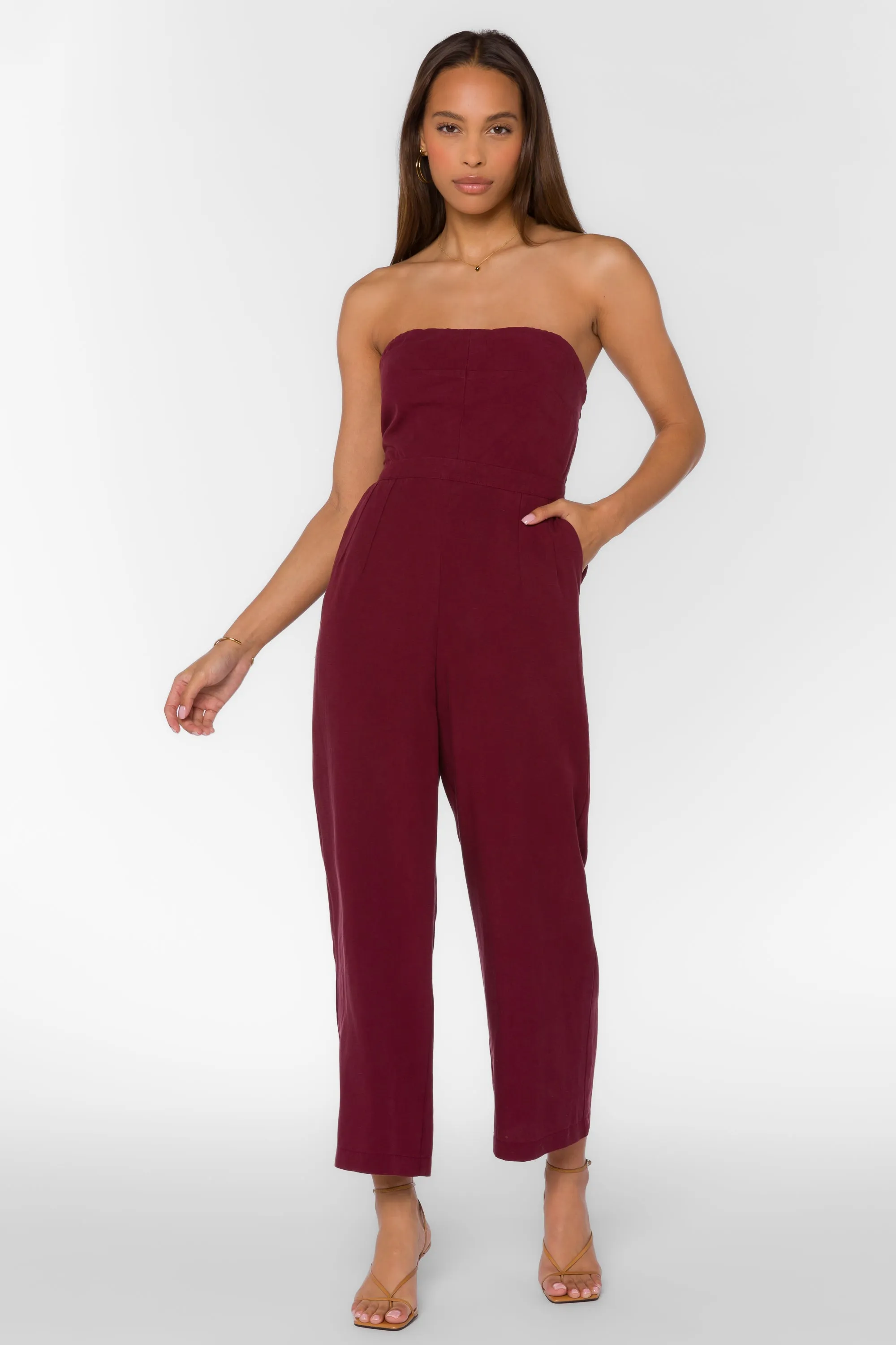 Jeanie Burgundy Jumpsuit sold by Velvet Heart