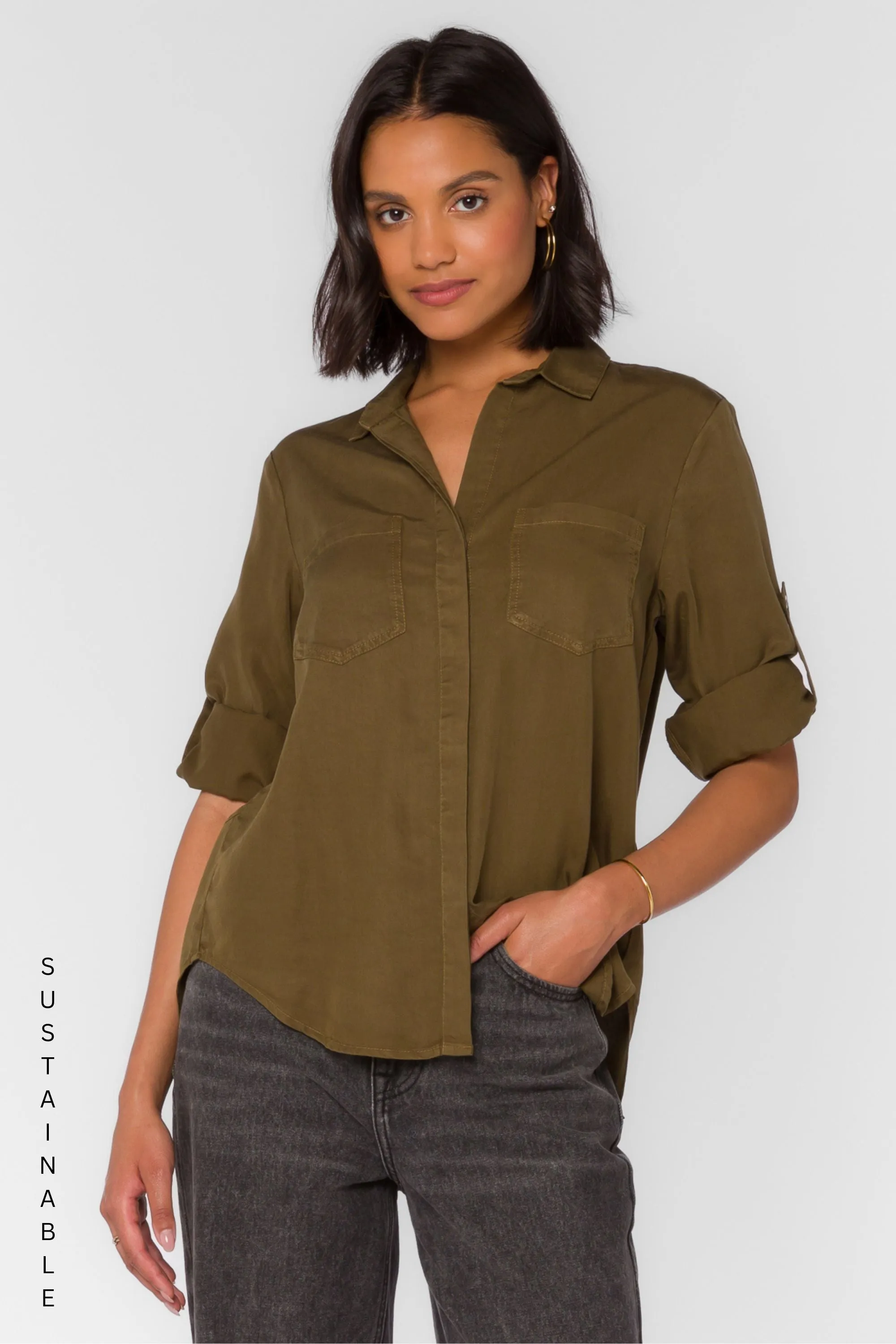 Riley Pesto Green Shirt sold by Velvet Heart