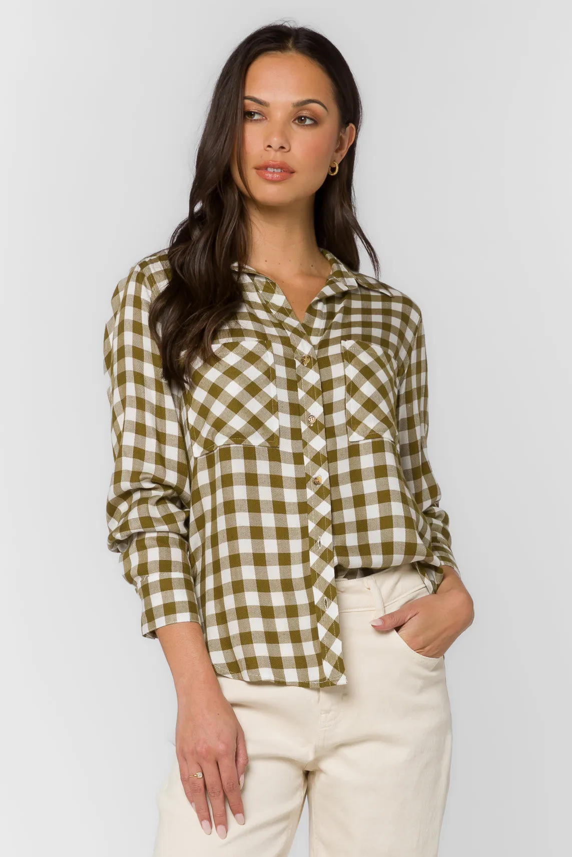 Kacia Olive Gingham Shirt sold by Velvet Heart