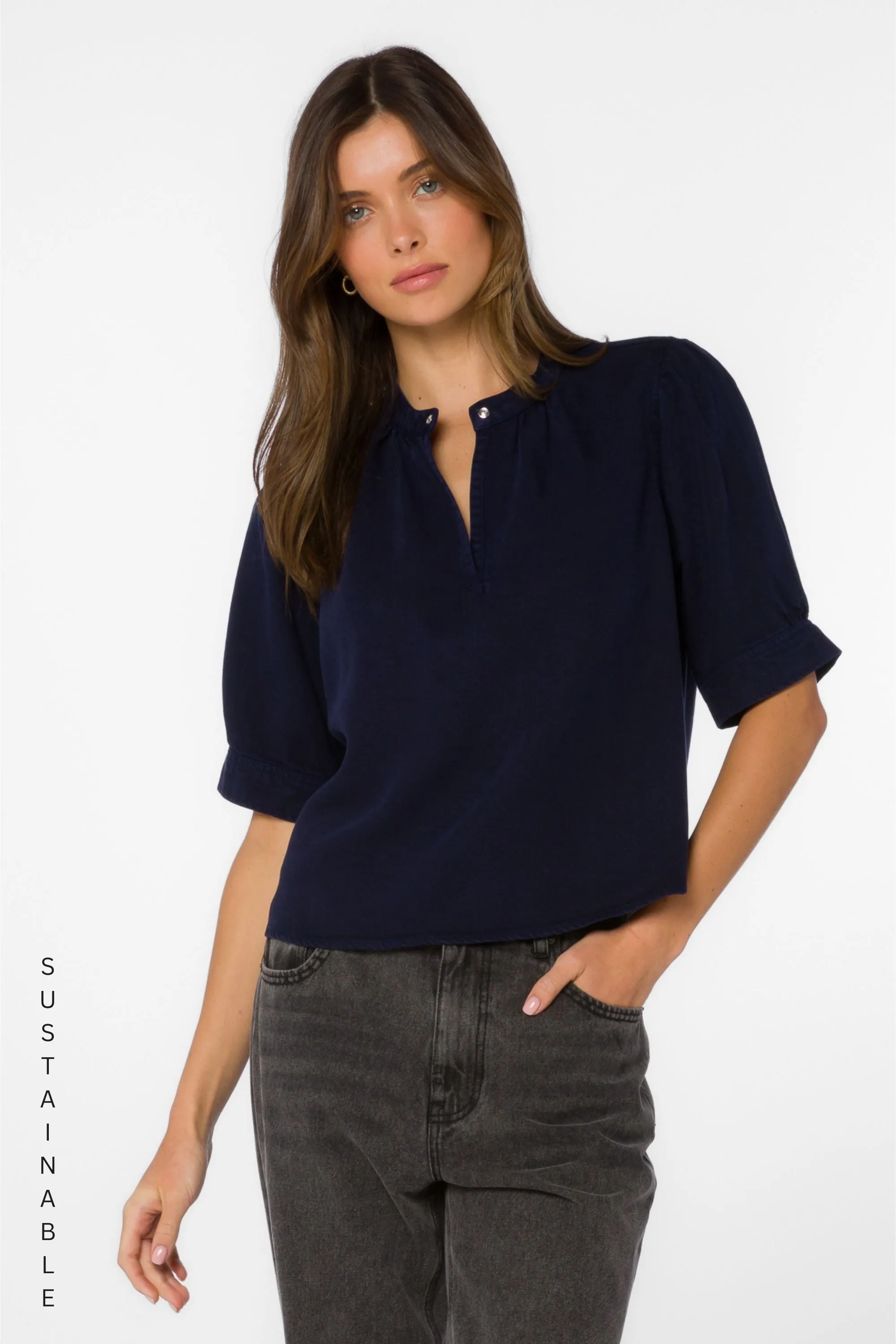 Almafi Dark Blue Top sold by Velvet Heart