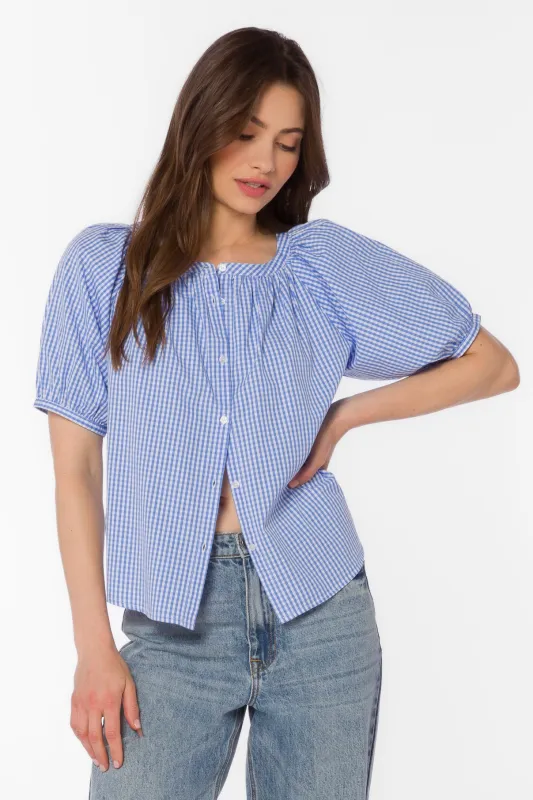 Ottilie Blue Gingham Top made by Velvet Heart