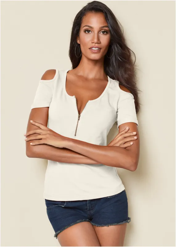 Cold-Shoulder Zipper Top - Off White sold by VENUS