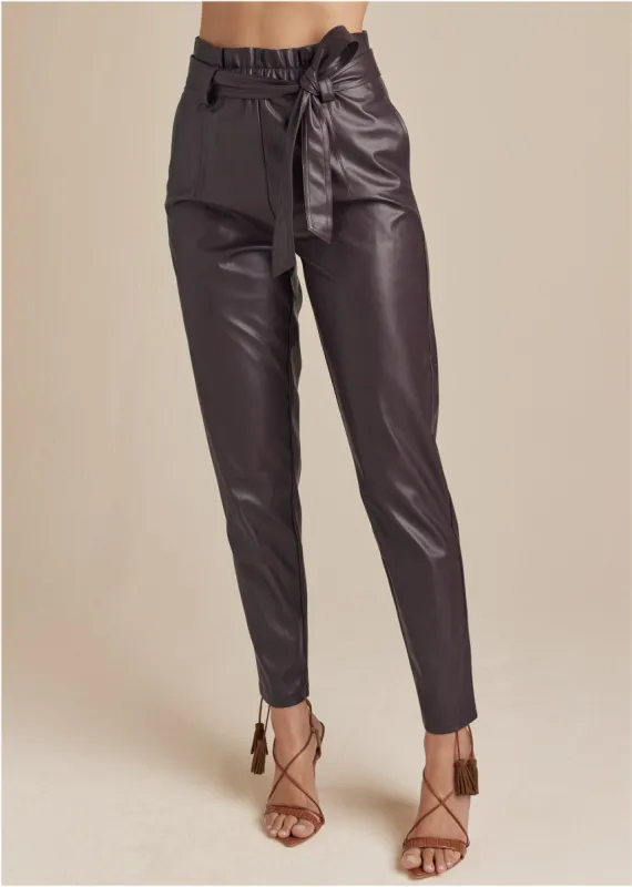 Belted Faux-Leather Pants - Dark Brown sold by VENUS