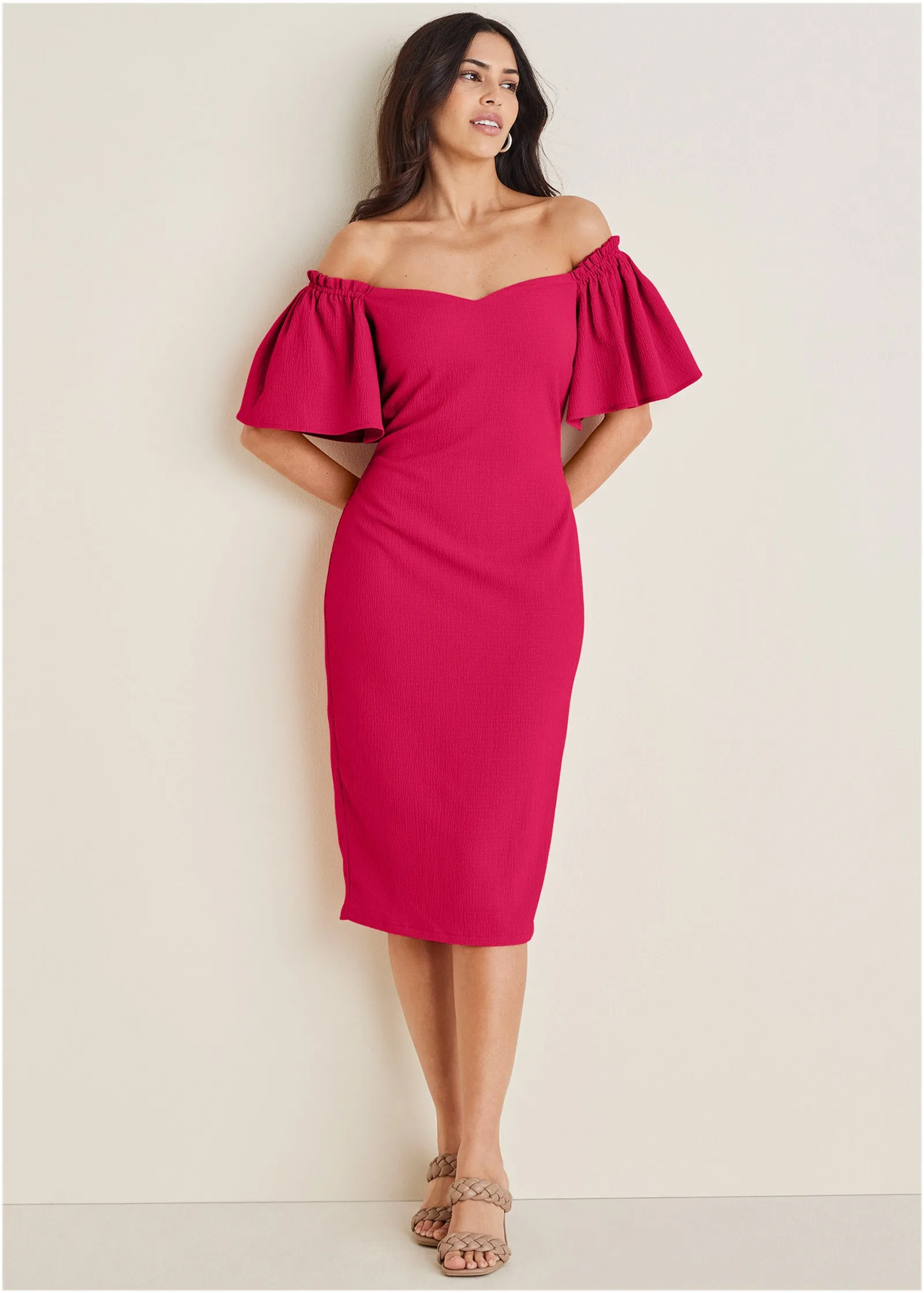 Fluted Satin Midi Dress - Dark Pink sold by VENUS