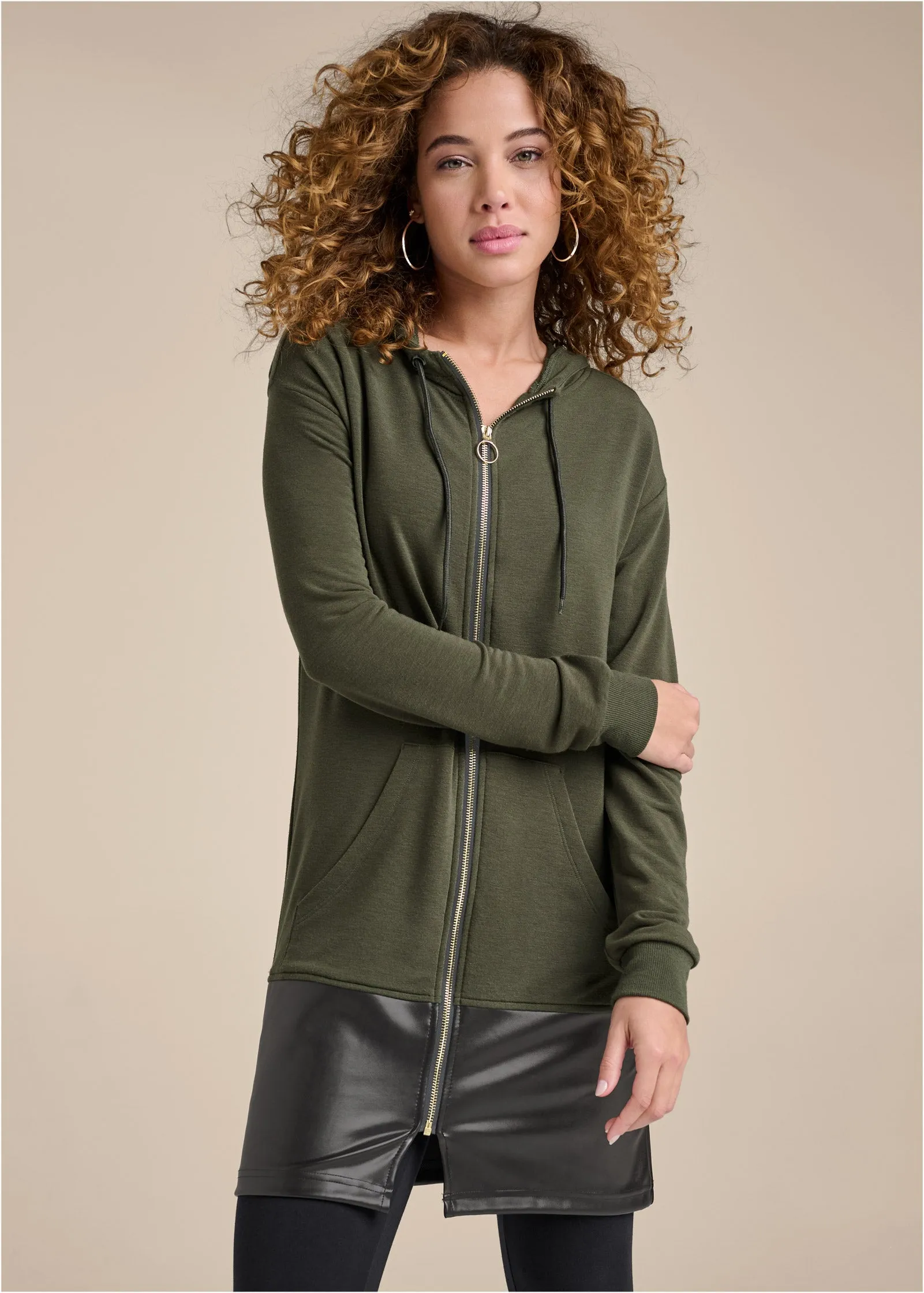 Faux-Leather Tunic Jacket - Olive & Black sold by VENUS