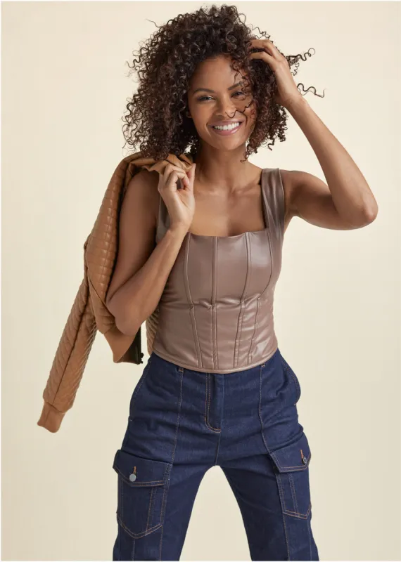 Faux-Leather Corset Top - Brown sold by VENUS