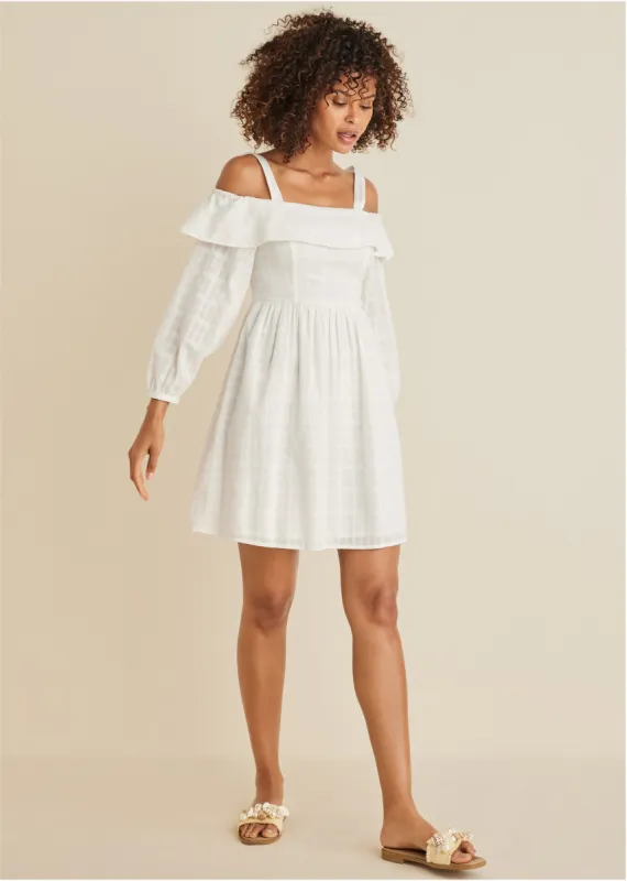 Cotton Dobby Off Shoulder Mini Dress  - Off White made by VENUS