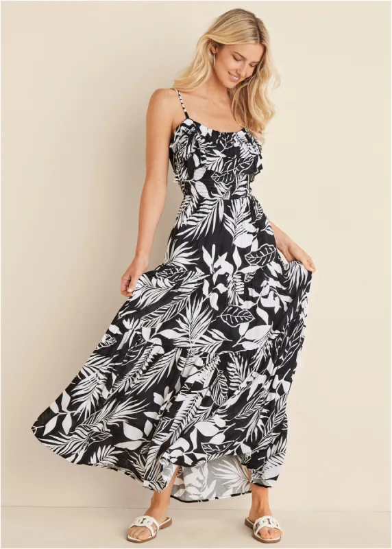 Ruffle Tie-Back Maxi Dress - Black & White sold by VENUS