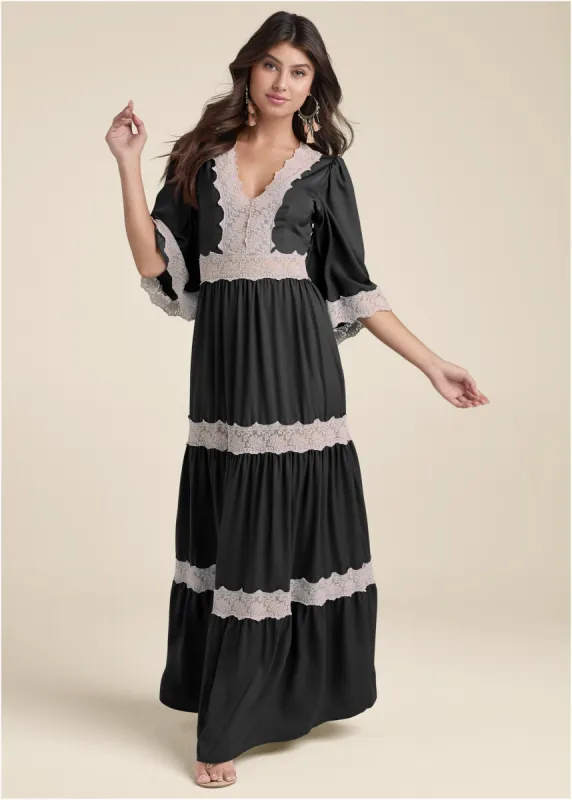Lace Detail Maxi Dress - Black Multi sold by VENUS