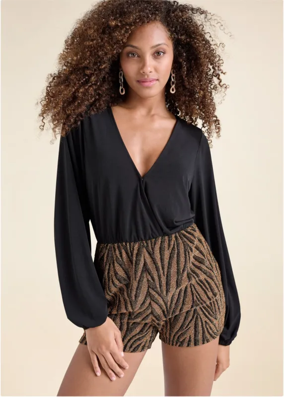 Animal Print Shimmer Romper - Black Multi sold by VENUS