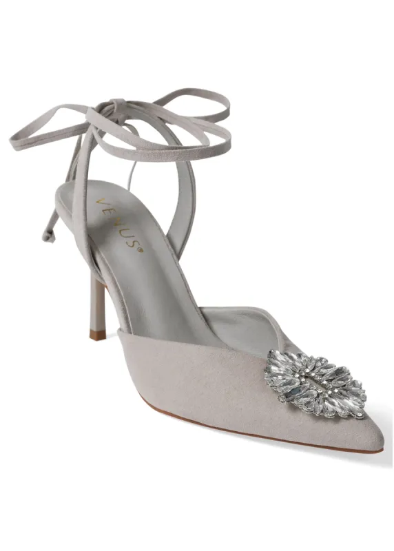 Faux-Suede Lace-Up Heels - Light Grey made by VENUS