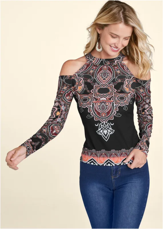 Paisley Cold-Shoulder Top - Black Multi made by VENUS