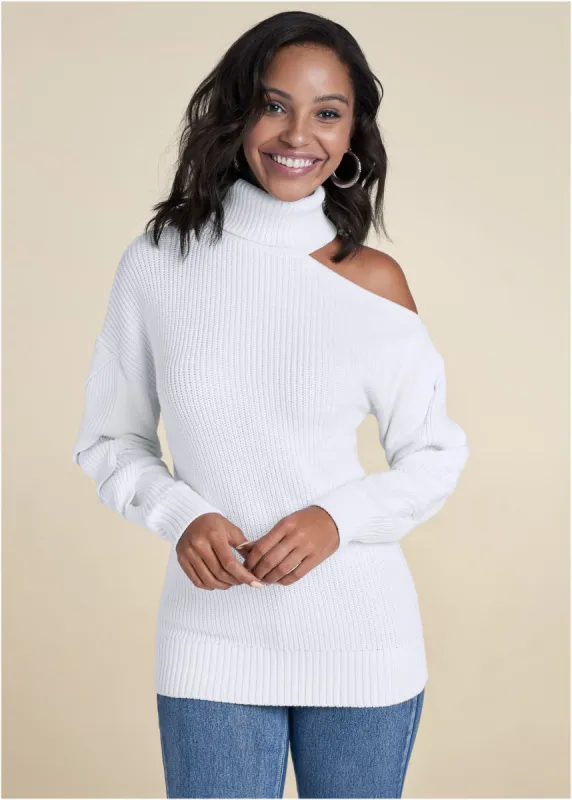 Cutout Shoulder Turtleneck - White sold by VENUS