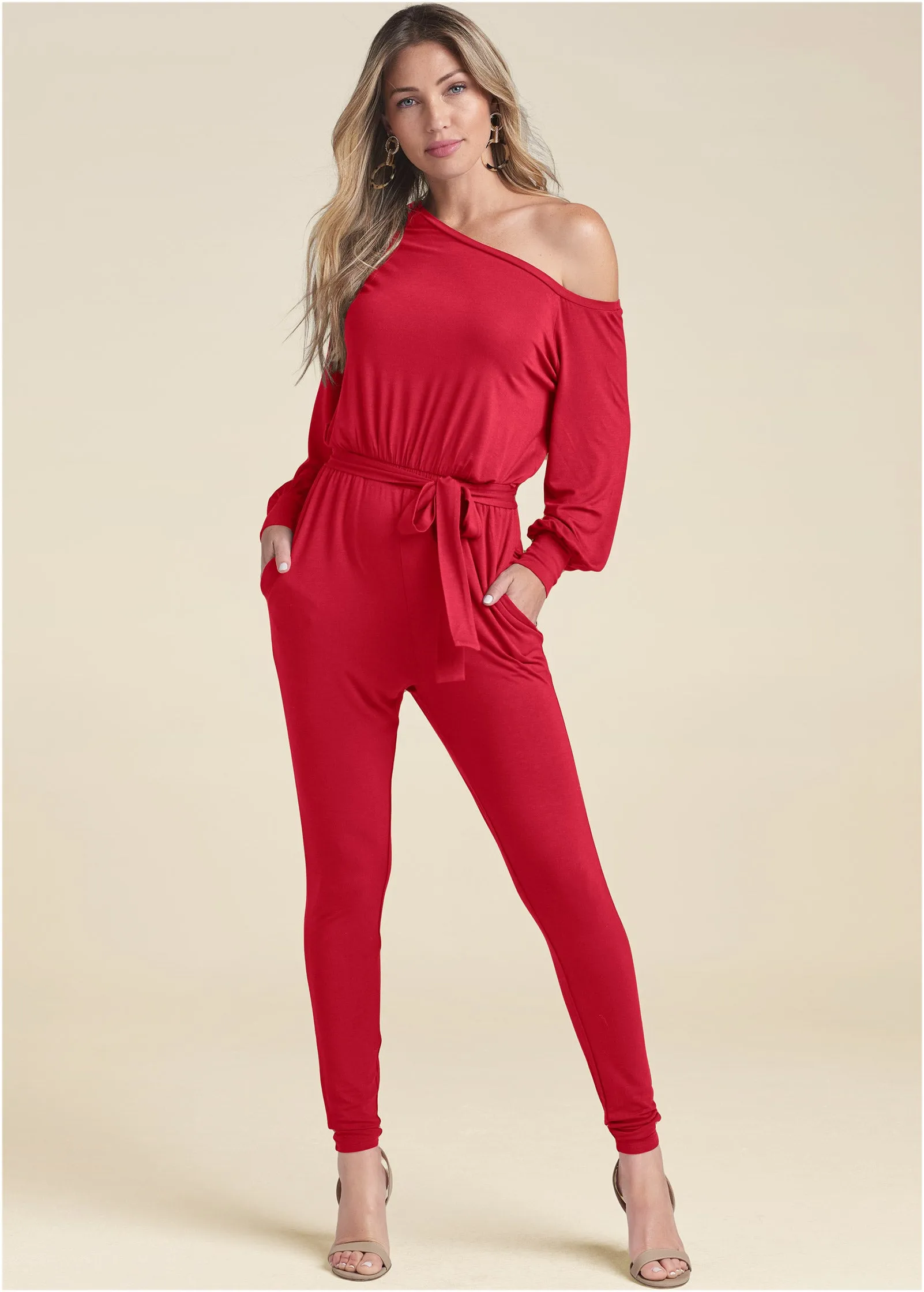 Off-Shoulder Jumpsuit - Red sold by VENUS