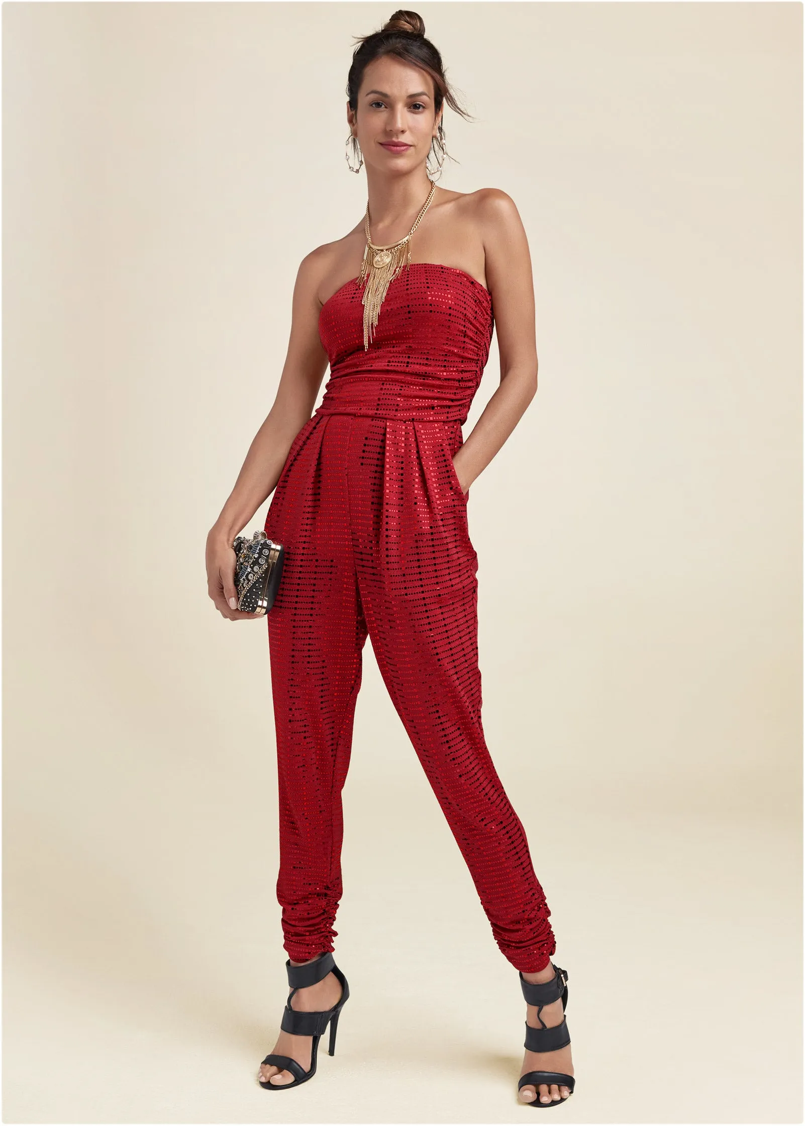Ruched Sequin Jumpsuit - Red sold by VENUS