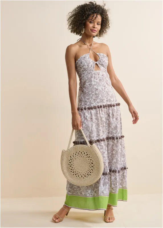 Tiered Tassel Maxi Dress - Brown & Green sold by VENUS