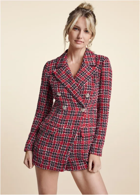 Tweed Button Detail Romper - Red & Black sold by VENUS